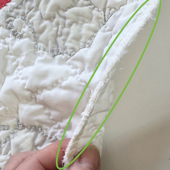 Vintage 70s hand stitched quilt, red, white and grey, full size, flawed, AS IS - Picture 12 of 15